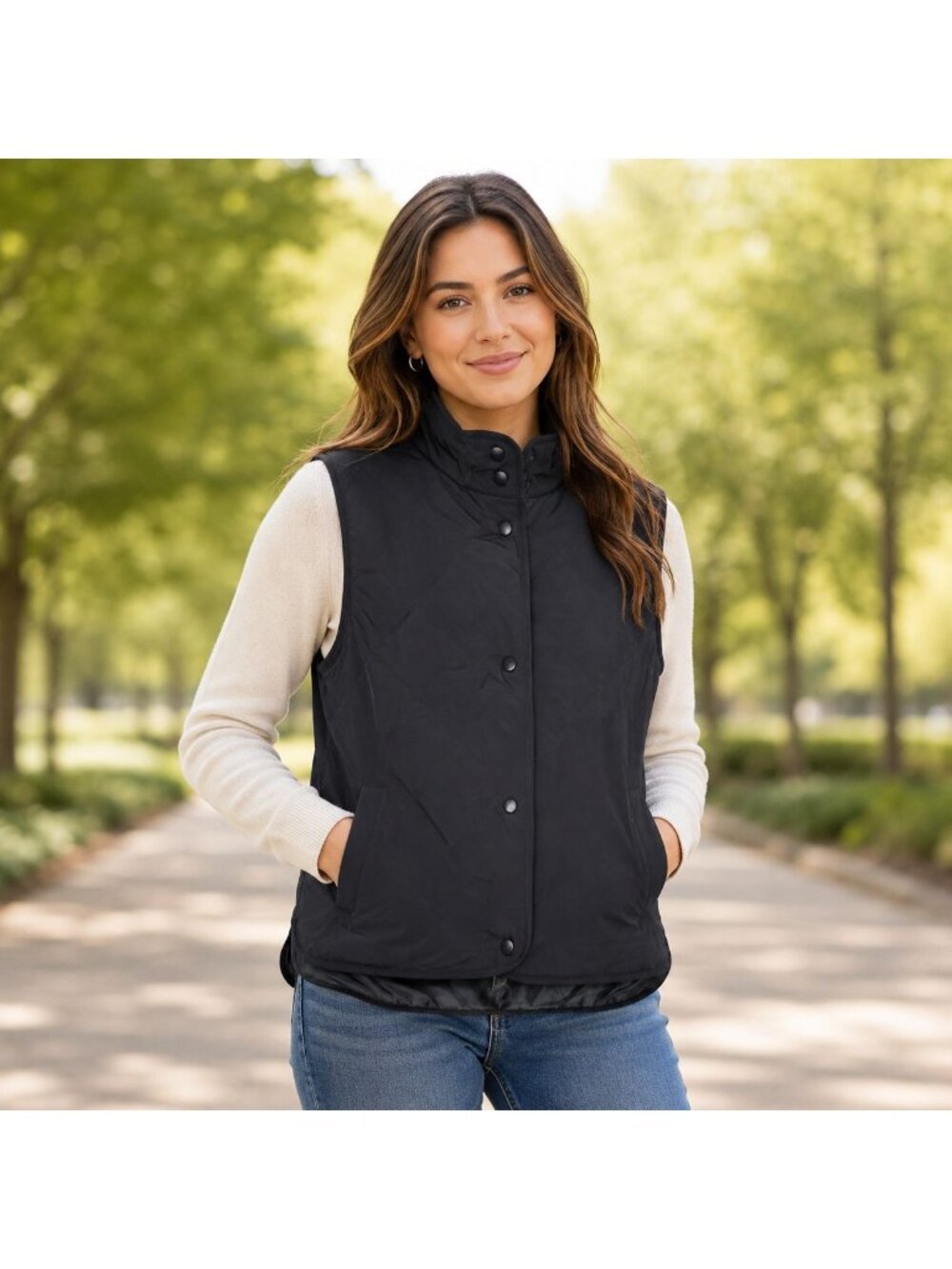 A New Day Lightweight Quilted Vest Black Water Resistant Snap Buttons Size S